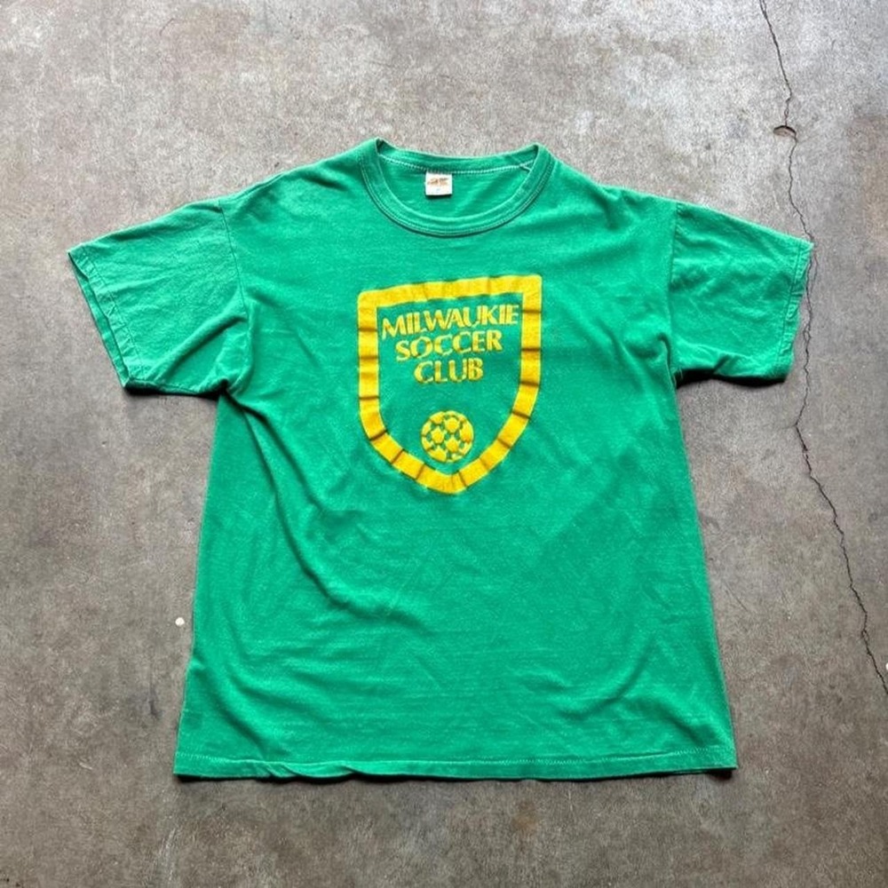 Vintage 70s Russel athletic single stitch green and yellow soccer tee Mens Small